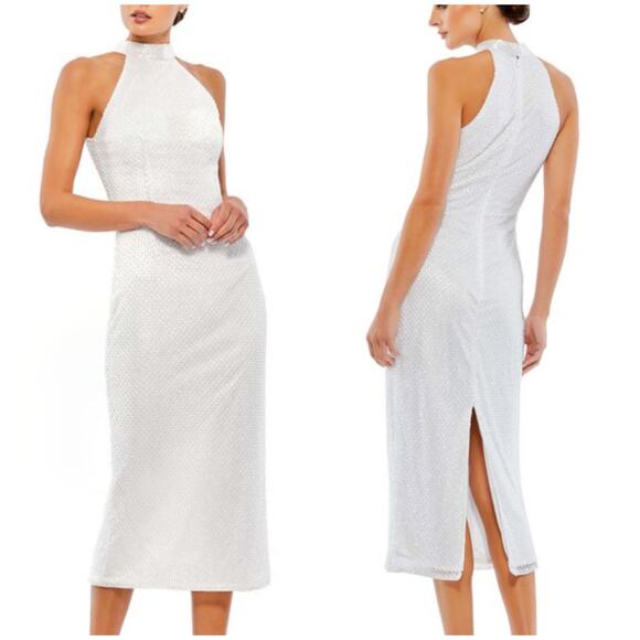Mac Duggal NWT Lattice Embellished Halter Neck Midi Sheath Dress White Size 10 - Picture 1 of 11